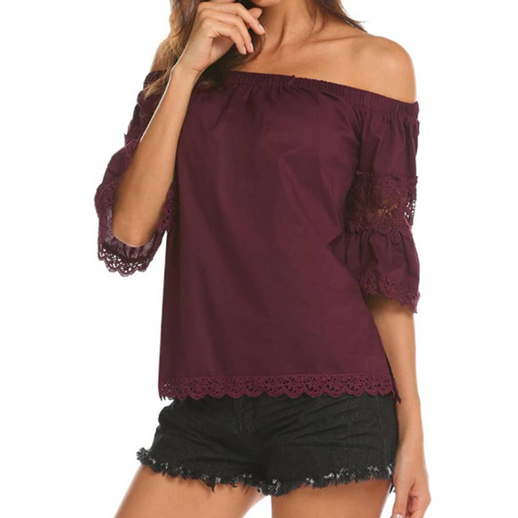 Off the shoulder burgundy top with lace detail - Picture 1 of 9